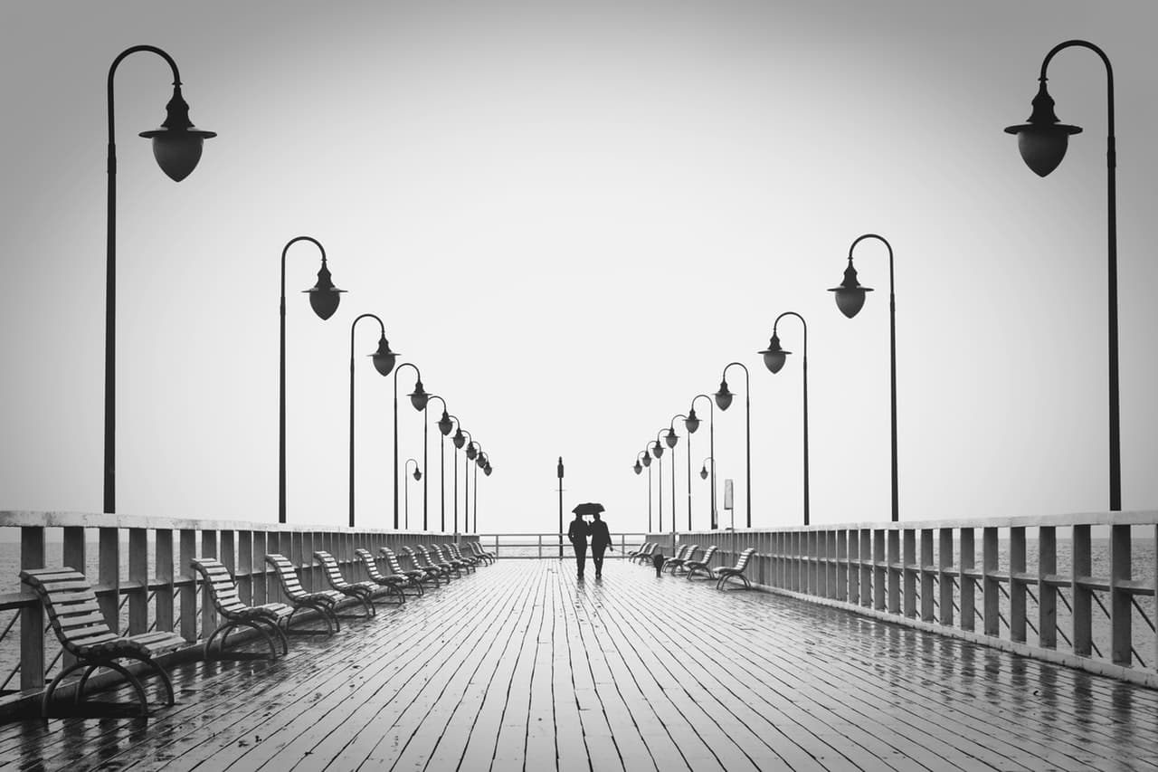 Black and white photo of benches